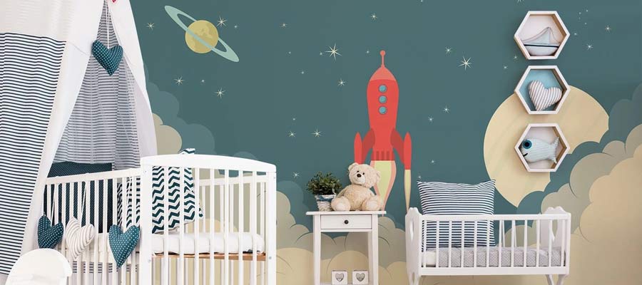 کاغذ دیواری اتاق نوزاد با طرح سفینه فضایی